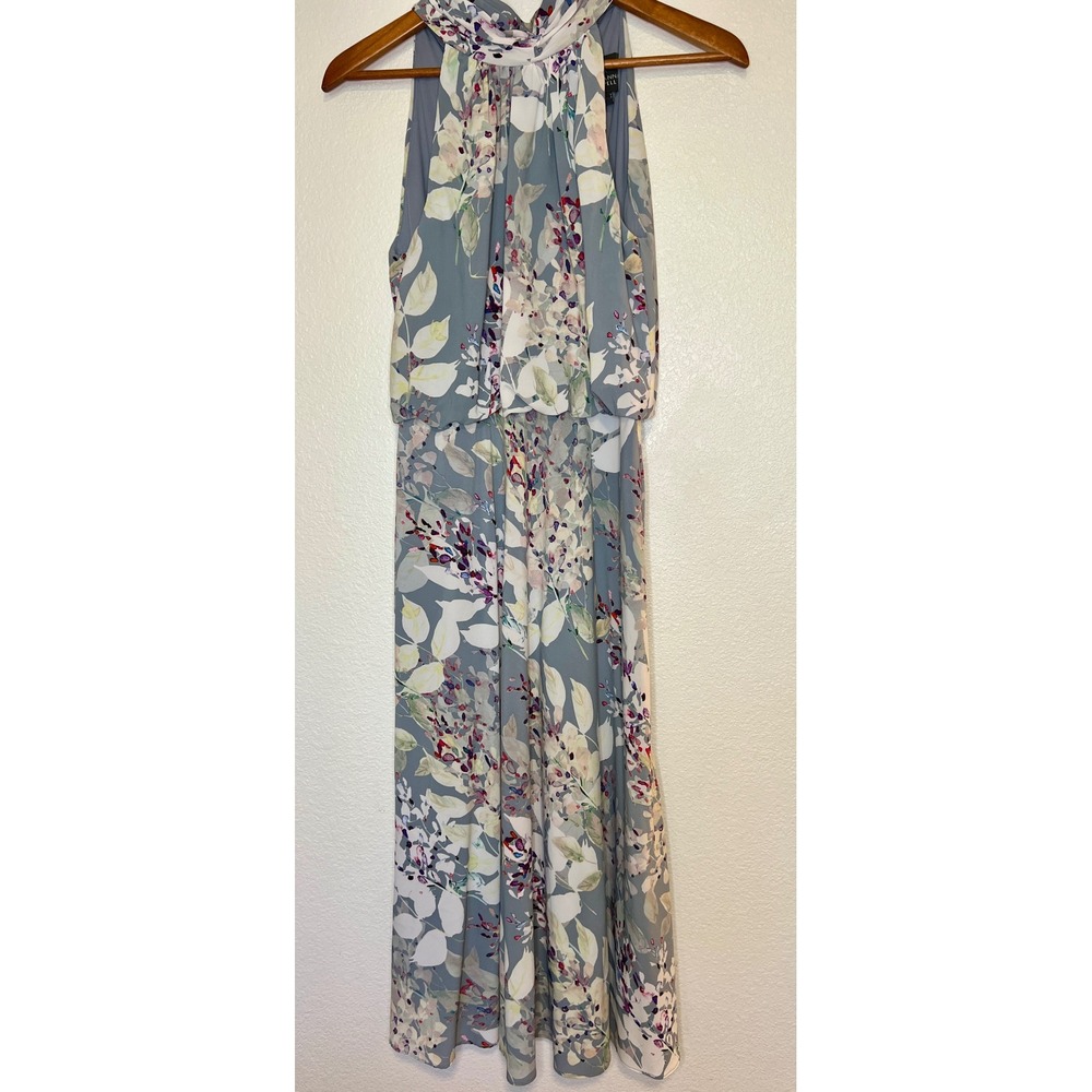 Adrianna Papell Floral Maxi Dress Blue Halter Blouson Chiffon Size 0